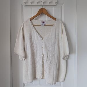 Vintage Cream Button-Up Cardigan With Floral Embroidery Pearl Buttons 3X